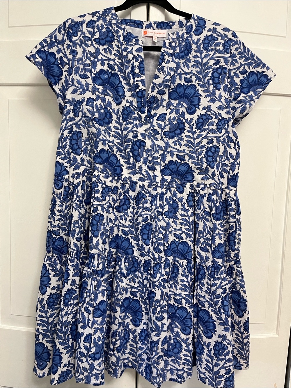 Jude Connally Blue and White Floral Tiered Dress 100% Cotton Coastal